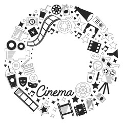 Vector pattern with cinema icons. Movie Theater, TV, popcorn, video clips, musical