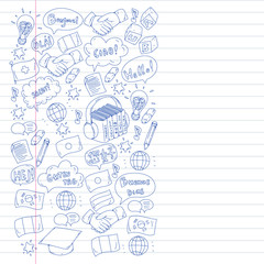 Vector pattern for language class, online courses. English, arabic, italian, japanese, spanish, chinese, german.