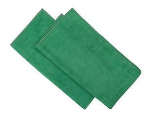 Two folded green microfiber cleaning cloths on a white background