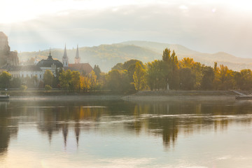 Amazing sunrise view over Danube river, Esztergom, Hungary