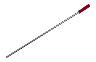 Straight stainless steel metal straw with a red silicone straw tip on a white background