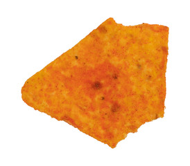 Cheese flavored tortilla chip on a white background