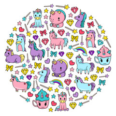 Children pattern with fairy tale unicors for kids clothes, posters, banners, shirts. Vector image with cartoon character.