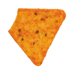 Cheese flavored tortilla chip on a white background