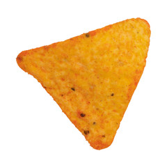 Cheese flavored tortilla chip on a white background