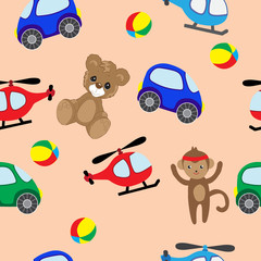 Toys. Colorful seamless background of Teddy bears and monkeys, cars and helicopters for girls and boys. It can be used for baby textiles, wrapping paper and baby room decoration.
