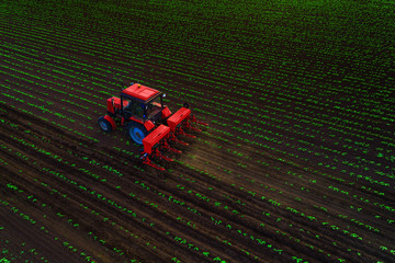 Tractor cultivating field at spring