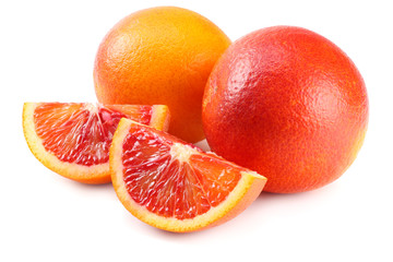 Red blood orange fruit with slices isolated on white background