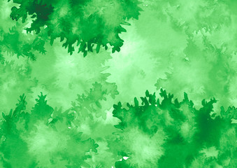 Fototapeta na wymiar Green leaves in the wind. Branch of a tree, a birch, oak, maple. Watercolor green background, blot, blob, splash of green paint. Watercolor green sky, spot, abstraction. 