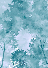 Watercolor winter blue wood. Blue, purple silhouette, landscape, trees and bushes. Snow, snowdrift, river.  abstract splash of paint. Snow day