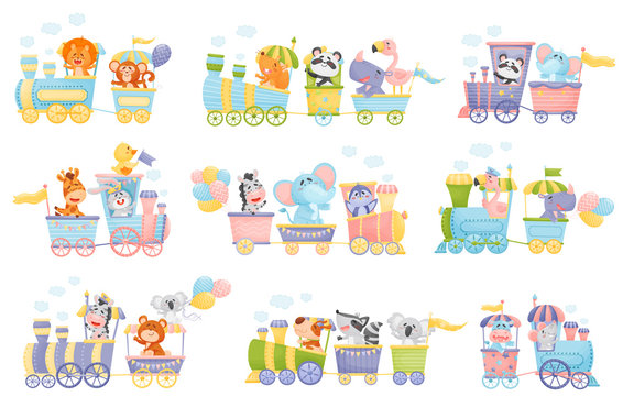Set of trains with animals. Vector illustration on a white background.