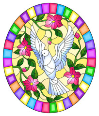 Illustration in stained glass style with flying white dove and pink flowers on yellow background, oval picture in bright frame