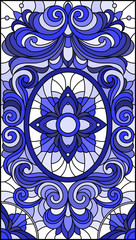 Illustration in stained glass style with abstract  swirls and leaves  on a light background,vertical orientation, blue tone