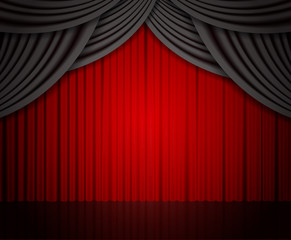 Background with black and red curtain. Design for presentation, concert, show