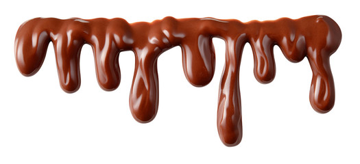 Melted chocolate syrup is dripping. Chocolate streams with drops isolated on white. With clipping...