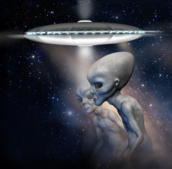 Flying saucer and two grey realistic aliens  in space. 3D characters. Digital illustration.  3d illustration. © Lena_graphics
