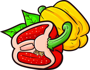 Funny and cute red yellow paprika. The red one just a half being cutted.