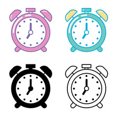 Time icon. Black and colorful alarm clock symbols set isolated on white background.