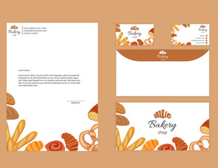 Corporate identity simple design layout for bakery shop, letterhead, business card, envelope design with pastry elements.