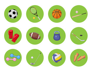 Fototapeta na wymiar Vector sports icon set. Box, basketball, volleyball, tennis, soccer, football, baseball, hockey, golf and fitness training