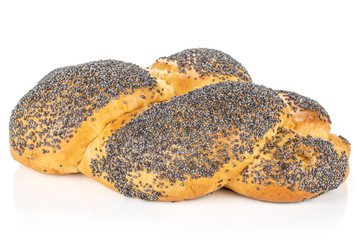 One whole fresh baked twisted poppy seed bun isolated on white background