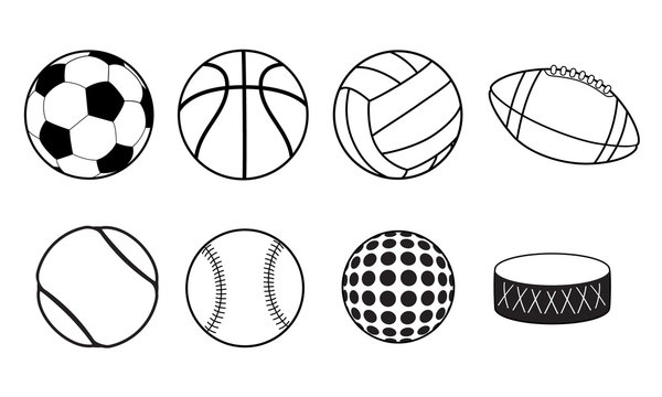 Set of outline sport balls. Soccer, basketball, volleyball, football, tennis, baseball, golf and hockey equipment