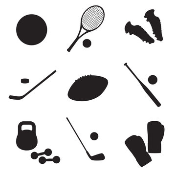 Vector silhoette sports icon set. Box, tennis, soccer, football, baseball, hockey, golf and fitness training