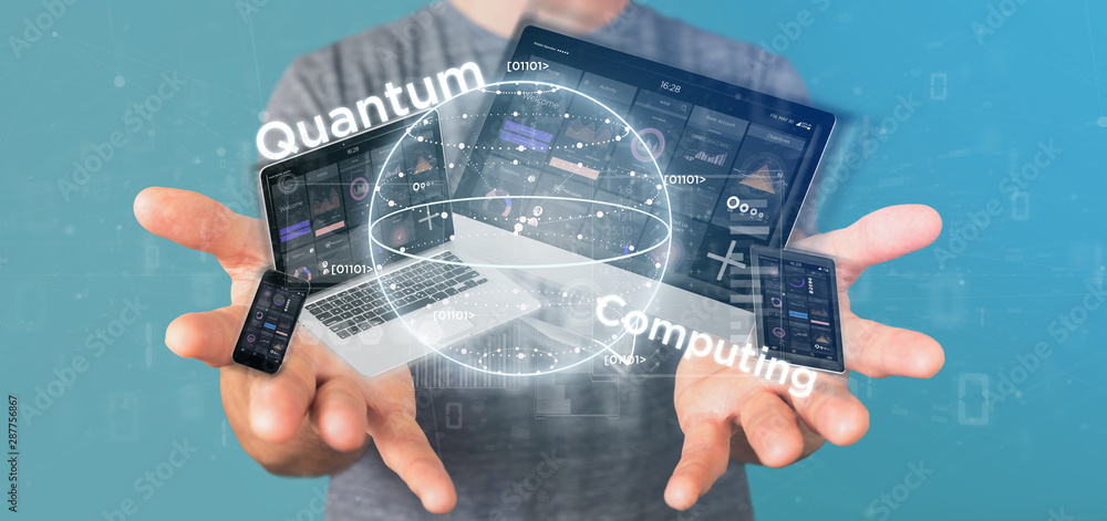 Poster businessman holding quantum computing concept with qubit and devices 3d rendering