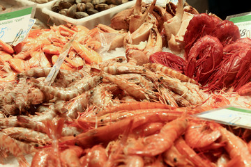 Fresh shellfish on the market desk. Lobsters, langoustine, shrimps, nephrons, prawns