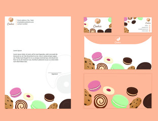 Corporate identity simple design layout for dessert shop, letterhead, business card, envelope design with cookies elements.