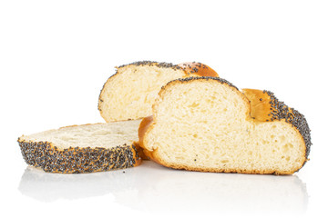 Group of three slices of twisted poppy seed bun isolated on white background