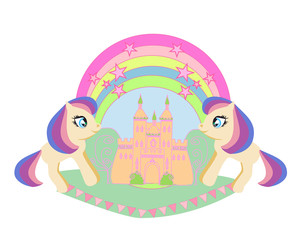 Beautiful unicorn and fairy-tale princess castle frame