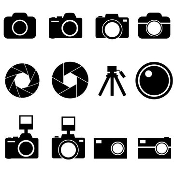 Camera shutter, lenses and photo camera icons set logo isolated on white background