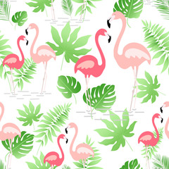 A seamless pattern with hand drawn a pink flamingo and tropical leaves - Vector