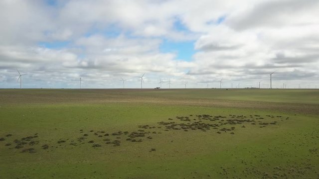 Aerial view of sustainable renewable energy production with wind turbines on hillside near Geraldton in Western Australia.