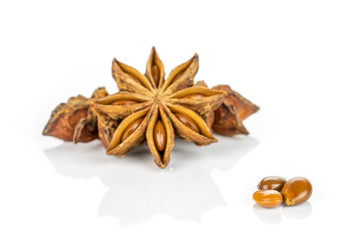 Group of three whole three pieces of dry brown star anise illicium verum isolated on white background