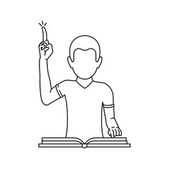 A man reads a book and makes a gesture with the index finger up outline icon, idea or answer is found vector illustration isolated on white,