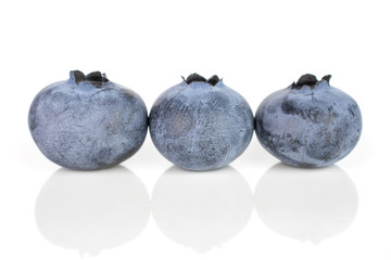 Group of three whole fresh blue bilberry isolated on white background