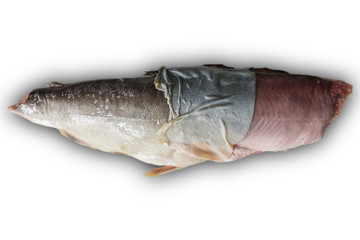 Salted pink salmon cooked for filleting. Partially skinned. Isolated image on a white background with low light. A site about fish,cuisine, cookery.