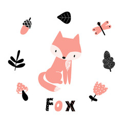 Cute Fox in Scandinavian style. Set with cute Fox and various forest plants. - 287759440