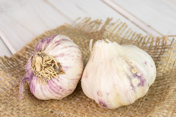 Group of two whole organic white garlic allium sativum on natural sackcloth on white wood