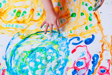Obraz na płótnie Canvas Child girl painting with colorful hands and finger. Happy childhood, art, drawing concept.