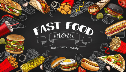 Vector vintage fast food special offer. Hand drawn junk food frame blackboard. Soda, hot dog, pizza, burger and french fries drawing. Great for label, menu, poster, banner, voucher, coupon, business
