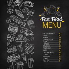 Fast food vector hand drawn menu. Blackboard junk food stripe illustration. Soda, hot dog, pizza, burger and french fries drawing. Great for label, poster, voucher, coupon  E