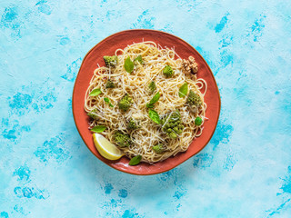 Pasta with Romanesco Cauliflower (Broccoli). Top view. 