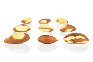 Group of nine whole raw brown brazil nut isolated on white background