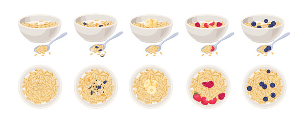 Vector illustration. Cereal bowl with milk, fruits isolated on white background. Concept of healthy and wholesome breakfast.
