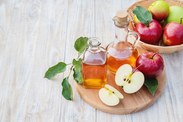 Apple cider vinegar in a bottle. Selective focus.