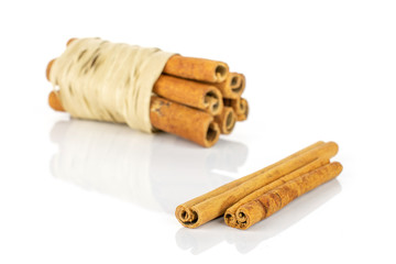 Group of eight whole dry brown cinnamon wrapped in natural bast isolated on white background