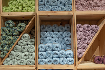 Fototapeta na wymiar Neatly stacked yarn for sale in a shop.